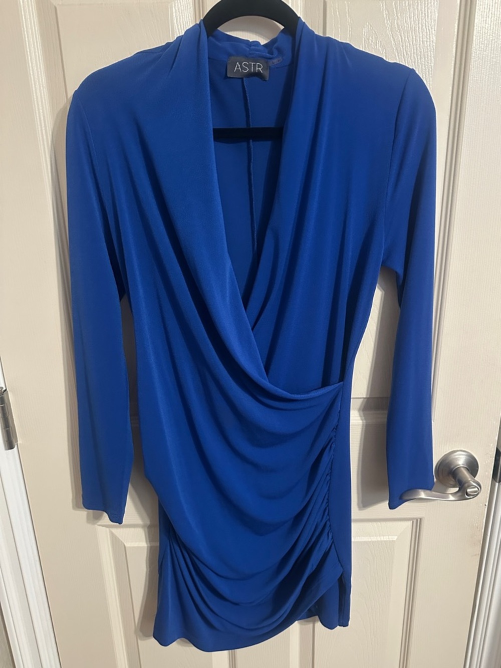 Astr Long Sleeve Draped V-Neck Wrap-Front Dress, Royal Blue, Sz L